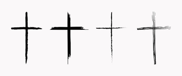 Set of hand drawn black grunge crosses isolated on white background