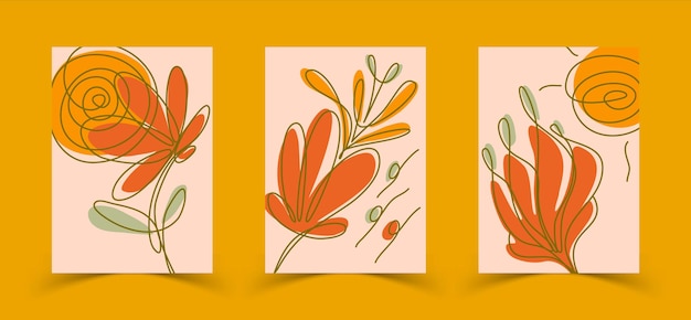 set of hand drawn blossom flower line abstract poster template