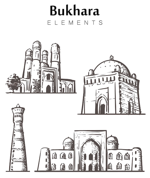 Set of hand-drawn bukhara buildings