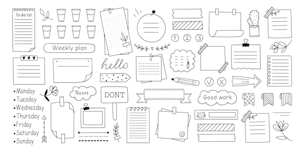 Set of hand drawn bullet journal elements Doodle style doodles Vector illustration