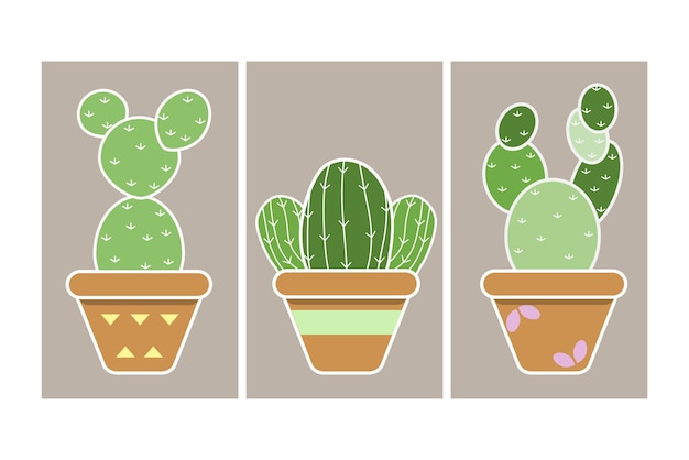 Set of hand drawn cactus plants in ceramic pots flat vector design