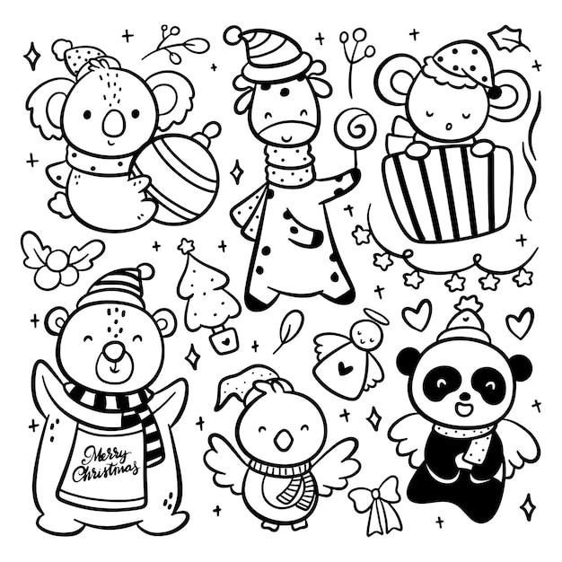 Set of hand drawn cartoon Christmas animal vector illustration