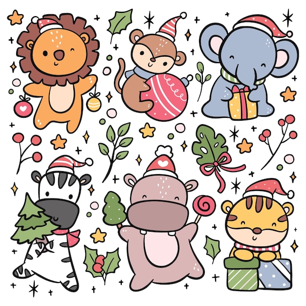 Set of hand drawn cartoon Christmas animal vector illustration