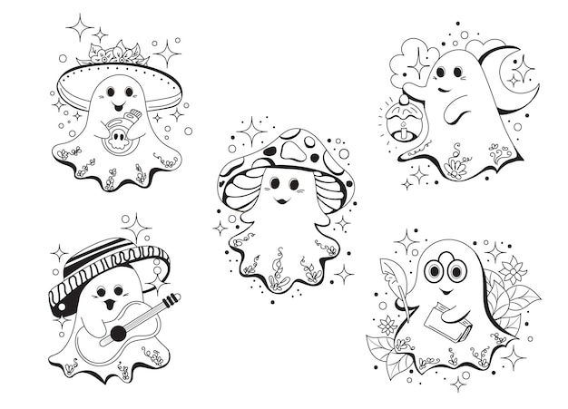 Set of hand drawn cartoon cute ghosts for Halloween Black and white drawing for coloring book