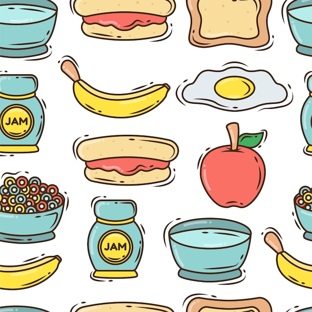 Set of hand drawn cartoon doodle breakfast items seamless pattern