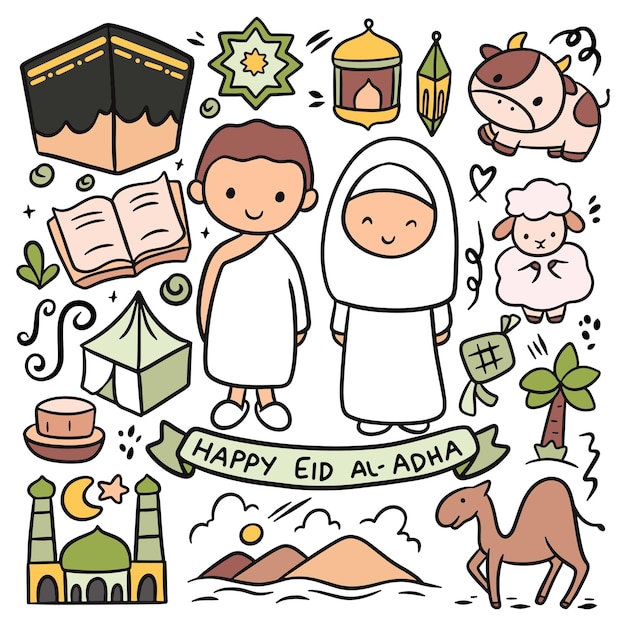 Set of Hand Drawn Cartoon Eid Al Adha Doodle Idul Adha Vector Clip Art