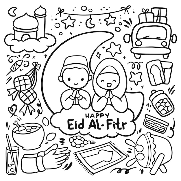 Set of Hand Drawn Cartoon Eid Al Fitr Doodle Idul Fitri Vector Clip Art