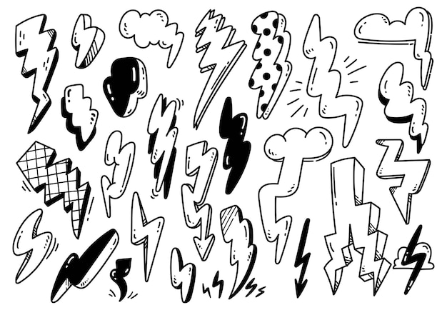 Set of Hand Drawn Cartoon Thunder Bolt Doodle