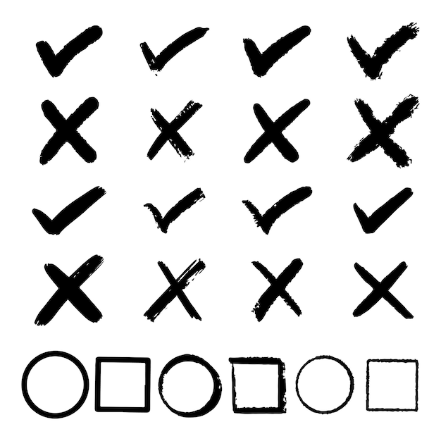 Set of hand drawn check marks isolated on white background Vector Tick and cross signs