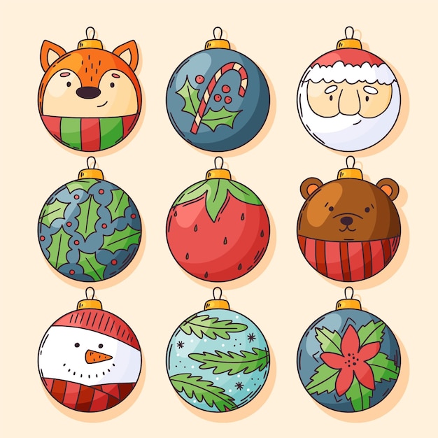 Set of hand drawn Christmas decorations and balls. Glass baubles and ornaments. Fox, Santa, candy, holly, strawberry, teddy bear, snowman. Vector illustration