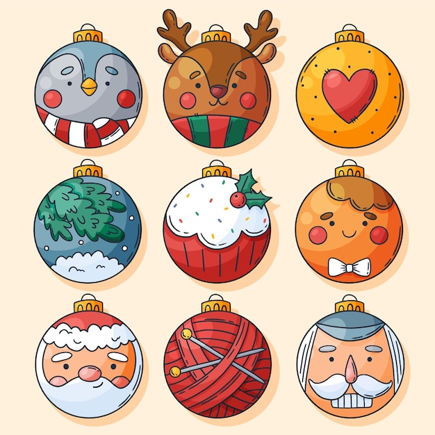 Set of hand drawn Christmas decorations and balls. Glass baubles and ornaments. Pinguin, deer, heart, cupcake, gingerbread man, Santa, nutcracker, thread, spokes. Vector illustration