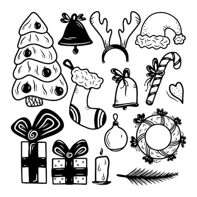 Set hand drawn christmas elements new year isolated on a white background