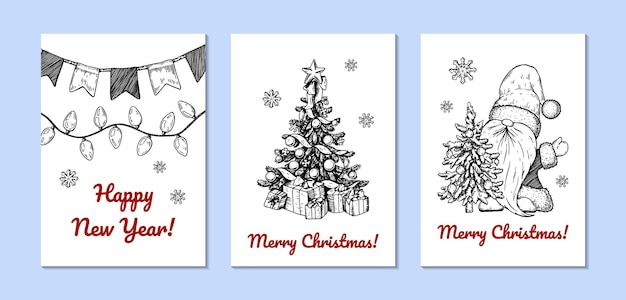 Set of hand drawn Christmas greeting cards with Santa Clause and Christmas tree