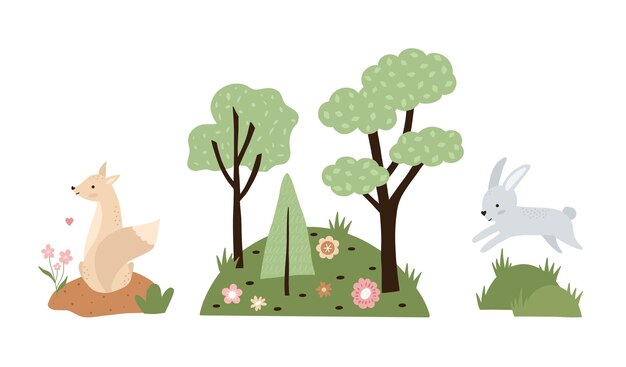 Vector set of hand drawn compositions with forest animals and plants baby art for nursery design and print