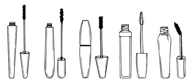 Set of hand drawn contour tubes of mascara, cosmetics, make-up. Icons, sketch, vector