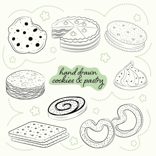 A set of hand drawn coockies and pastry in vector