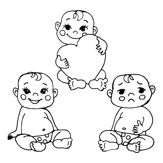 Set of hand drawn cute babies, contour 
