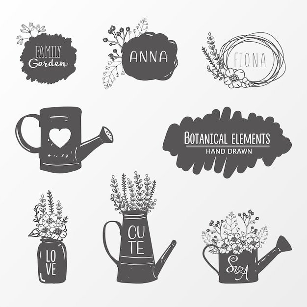 Set hand drawn cute black botanical labels