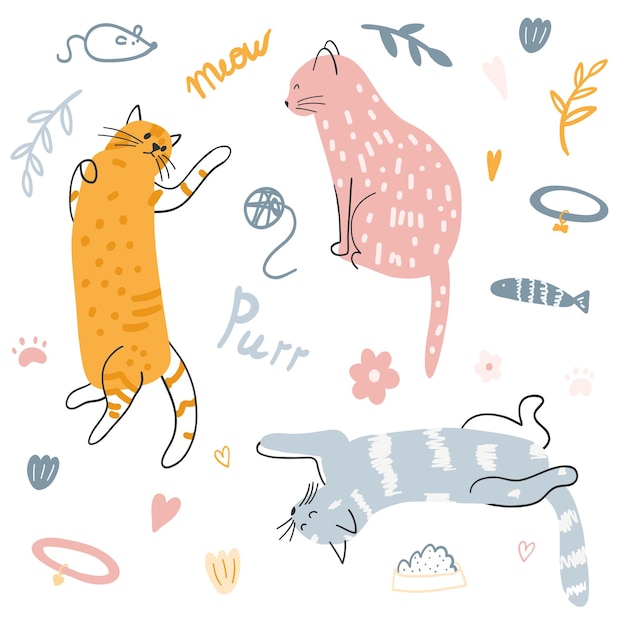 Set of hand drawn cute colorful cats Vector illustration of kittens funny animal for poster fabric print kids textile card design