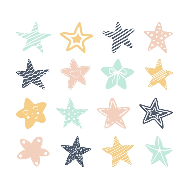 Set of hand drawn cute colorful stars decorated with waves, smiling face, stripes, dots, circles