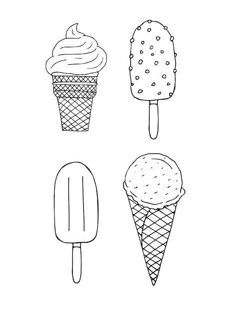 Set of hand drawn different ice cream isolated on white background