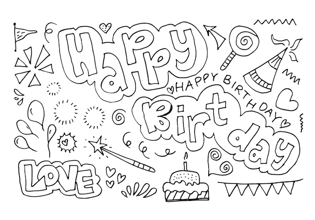 Set of hand drawn doodle cartoon objects and symbols on the birthday party