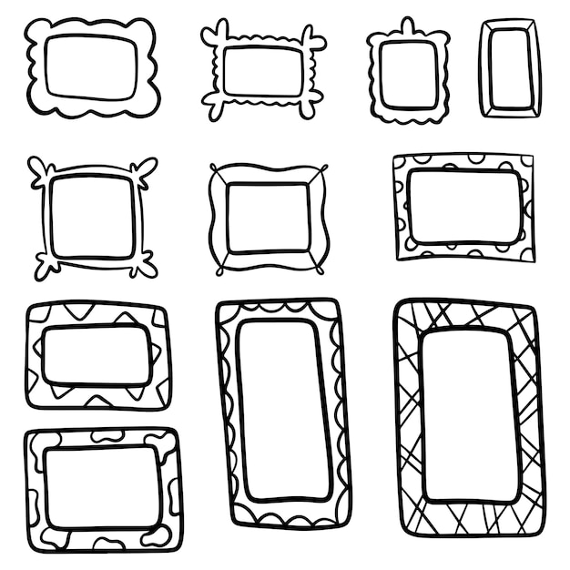 Set of hand drawn doodle frames squares vector borders design elements Cartoon comic style