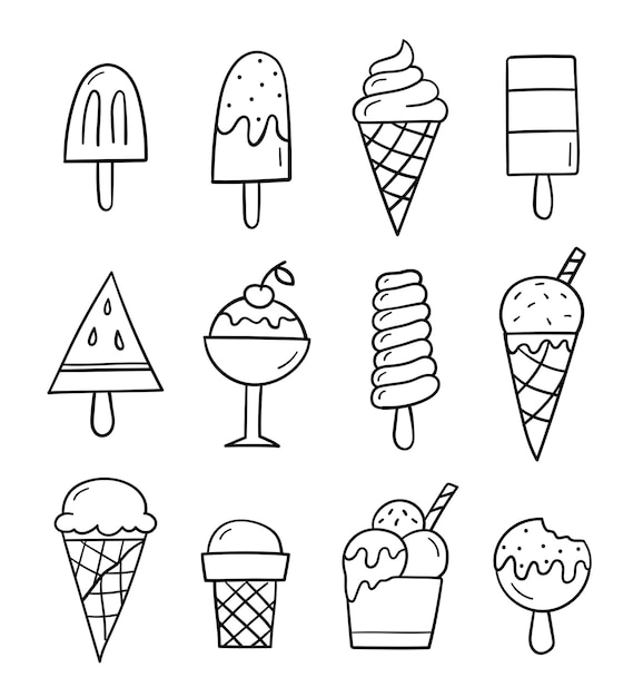 Set of hand drawn doodle ice cream. Sketch style. Sundaes with different tastes. Vector linear illustration.