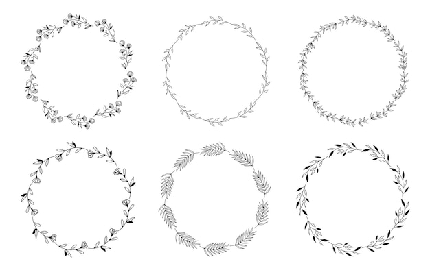 Set of hand drawn doodle round floral wreaths frames. Flower line and leaf circle frames design elements for wedding, mothers day, birthday, invitations.