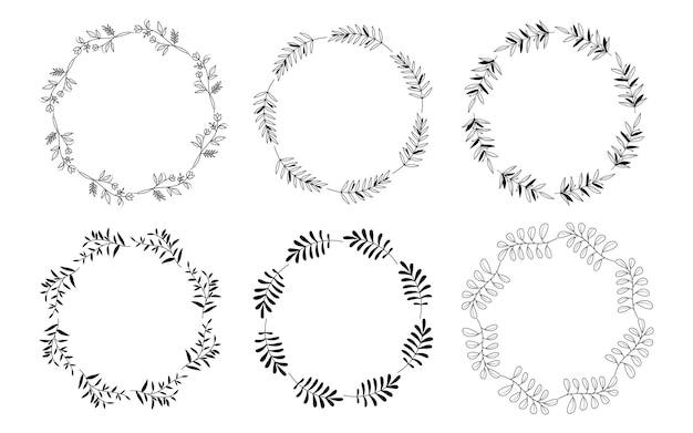 Set of hand drawn doodle round floral wreaths frames. Flower line and leaf circle frames design elements for wedding, mothers day, birthday, invitations.