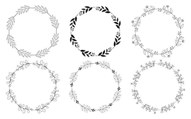 Set of hand drawn doodle round floral wreaths frames. Flower line and leaf circle frames design elements for wedding, mothers day, birthday, invitations.