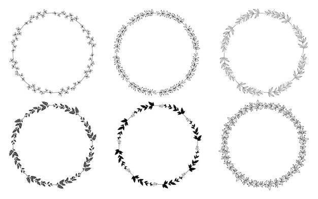 Set of hand drawn doodle round floral wreaths frames. Flower line and leaf circle frames design elements for wedding, mothers day, birthday, invitations.