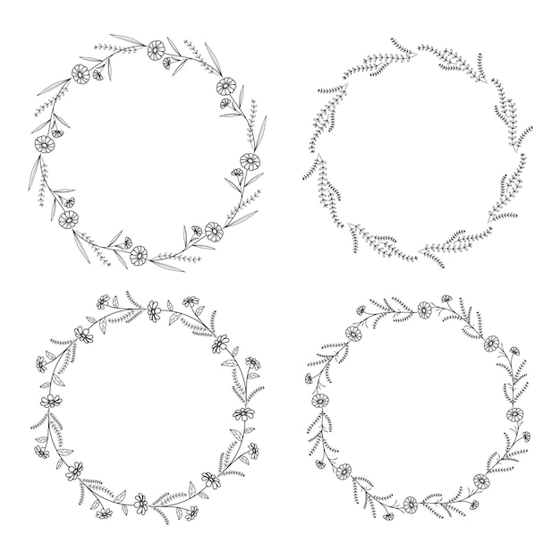 Set of hand drawn doodle round floral wreaths frames Flower line and leaf circle frames design elements for wedding mothers day birthday invitations