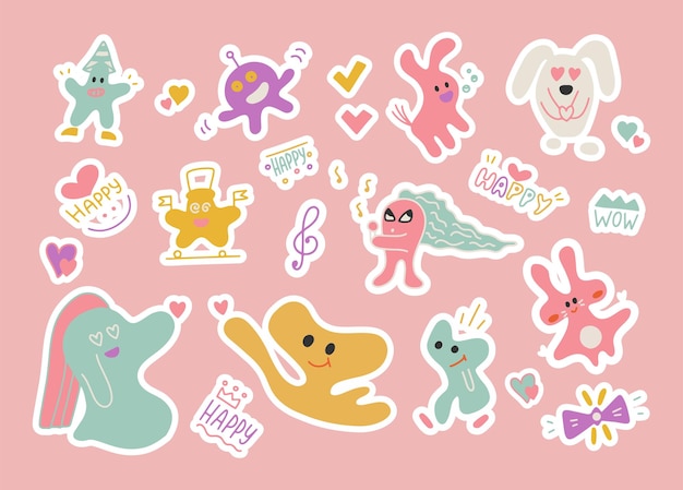 Set of hand drawn doodle sticker different form animals and abstract elements