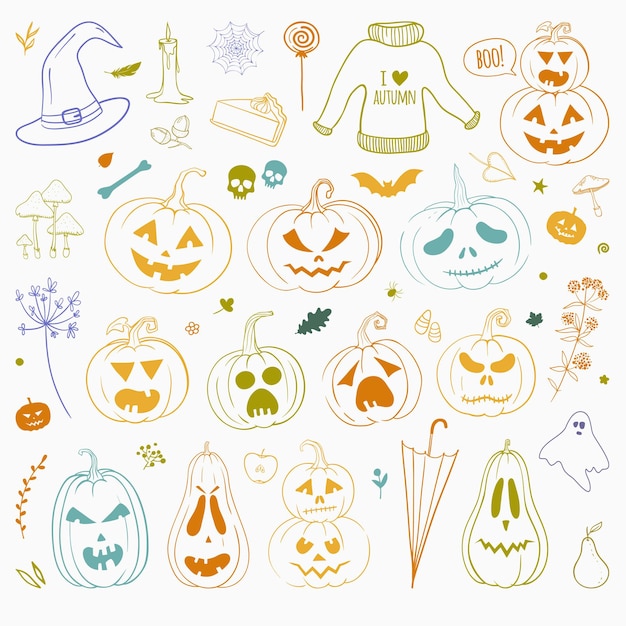 Set of hand drawn doodles for Halloween Thanksgiving and other autumn holidays Vector doodles