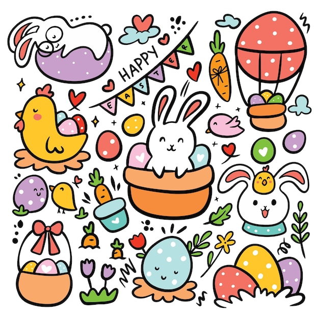 Set of Hand Drawn Easter Doodle Vector Illustration