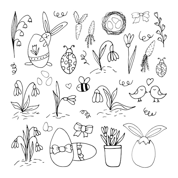 Set of hand drawn elements. Carrots, rabbit with eggs, bird, flowers, bee for easter design, greeting cards, posters, seasonal design. Isolated on white background. Doodle vector illustration.