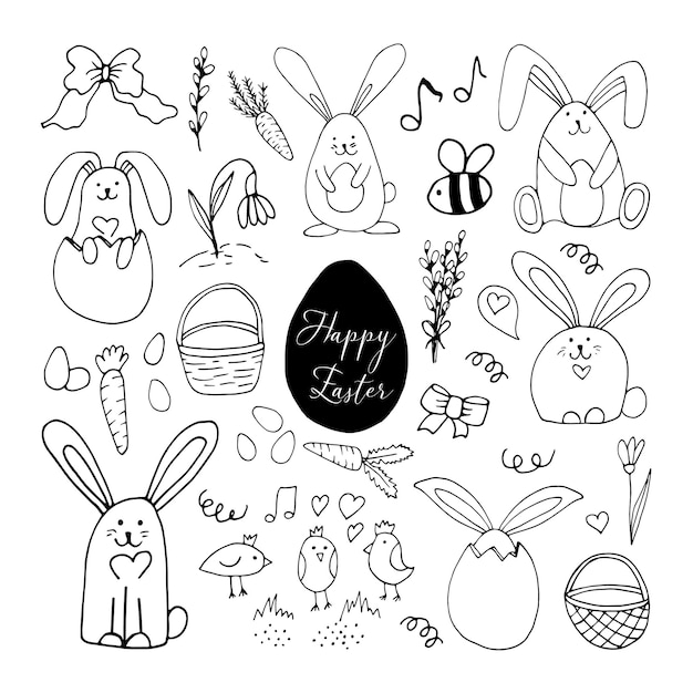 Set of hand drawn elements. Carrots, rabbit with eggs, bird, flowers, bee for easter design, greeting cards, posters, seasonal design. Isolated on white background. Doodle vector illustration.