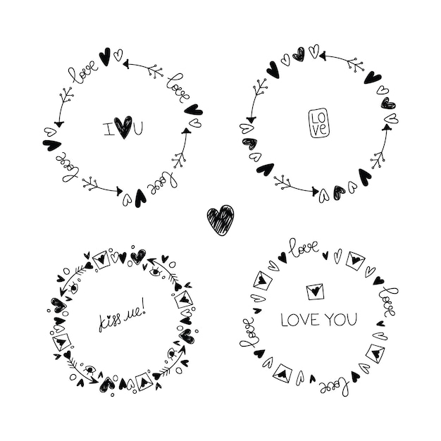 Set of hand drawn elements round frames love lettering hearts and arrows for Valentines day