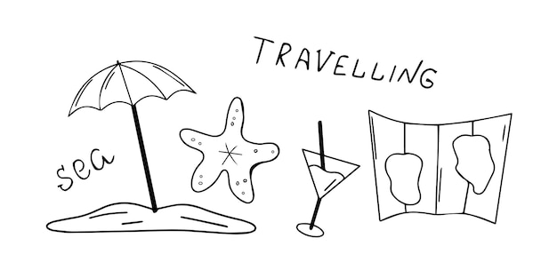 Set of hand drawn elements of travelling. Vector illustration