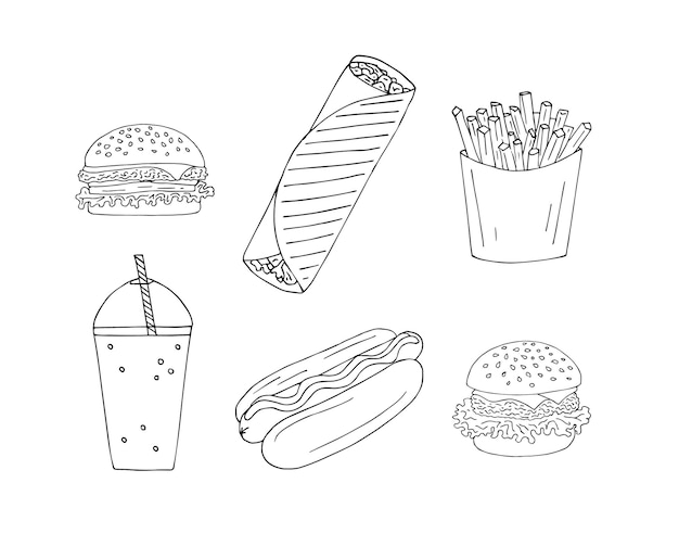 Set of hand drawn fast food isolated on white background