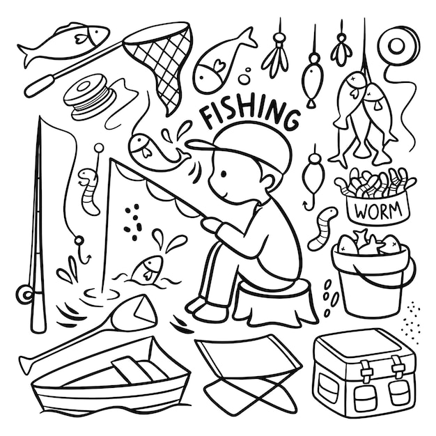 Set of Hand Drawn Fishing Doodles Vector Element