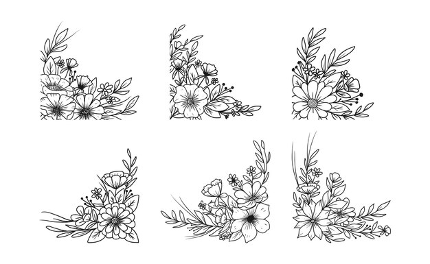 Vector a set of hand drawn floral arrangements outline flowers and leaves bouquet