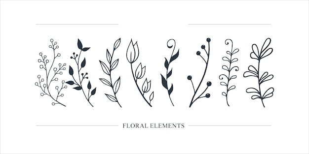 Vector set of hand drawn floral elements for design minimalist floral cutouts set hand drawn nature