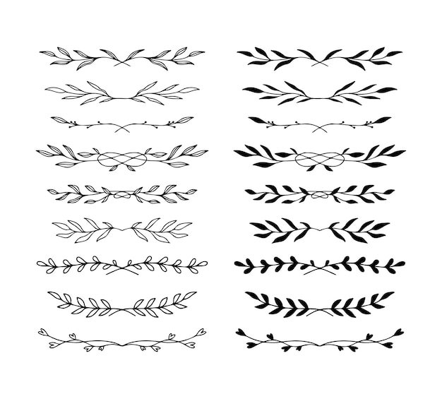 Vector set hand drawn floral elements isolated doodle line style outline silhouette branches vector