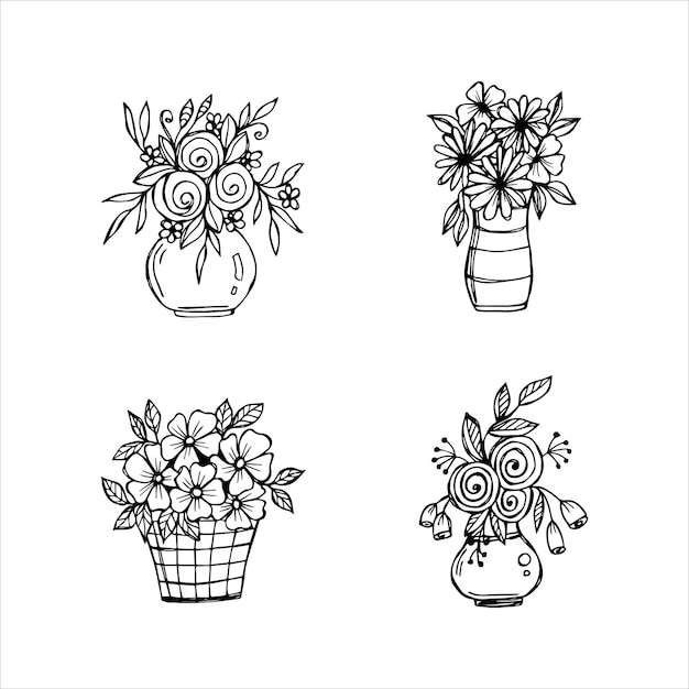 Set of hand drawn flower bouquets in a vase doodle or sketch style