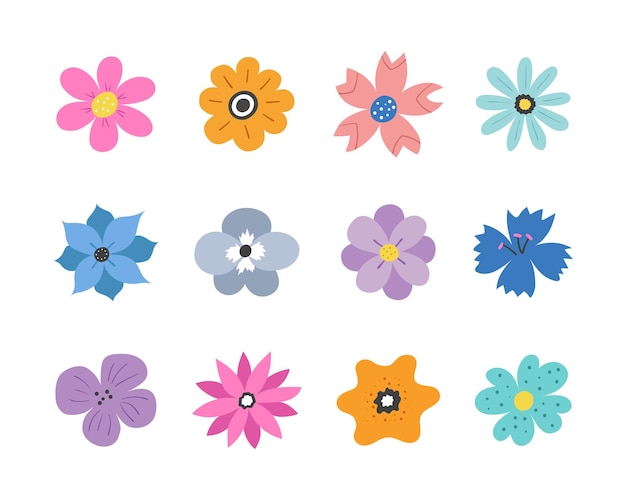 Set of hand drawn flower. Floral collection in flat style. Simple vector illustration isolated on white background.