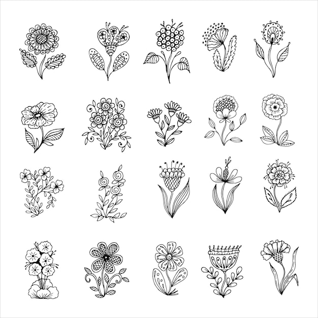 Set of hand drawn flower single doodle elements