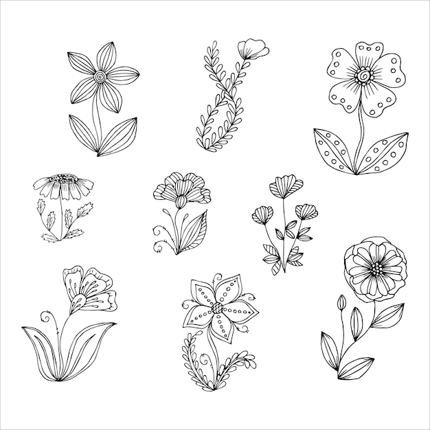 Set of hand drawn flowers single doodle elements for coloring black and white vector image