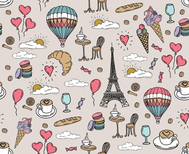 Set of hand drawn French icons, Paris sketch illustration. Vector.